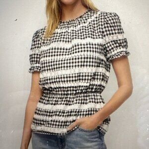 J. CREW NWT Daisy Chain Peplum Cotton Top in Black & White Gingham Sz. XS